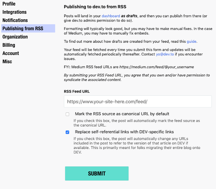 Dev.to RSS settings