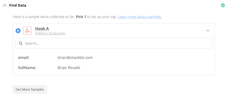 sample data in Zapier