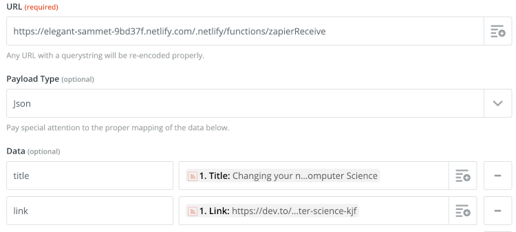 Setting up the webhook Zapier