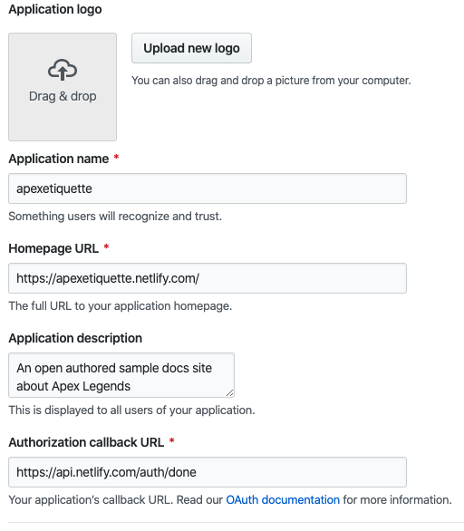 OAuth App Settings in GitHub