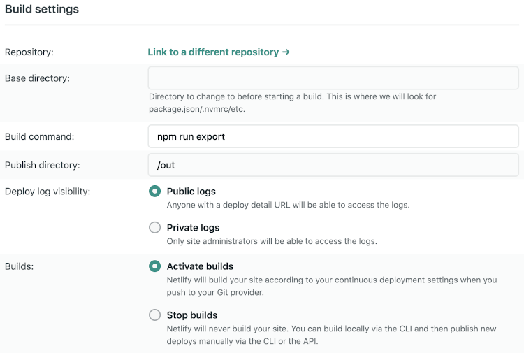 Netlify's build settings