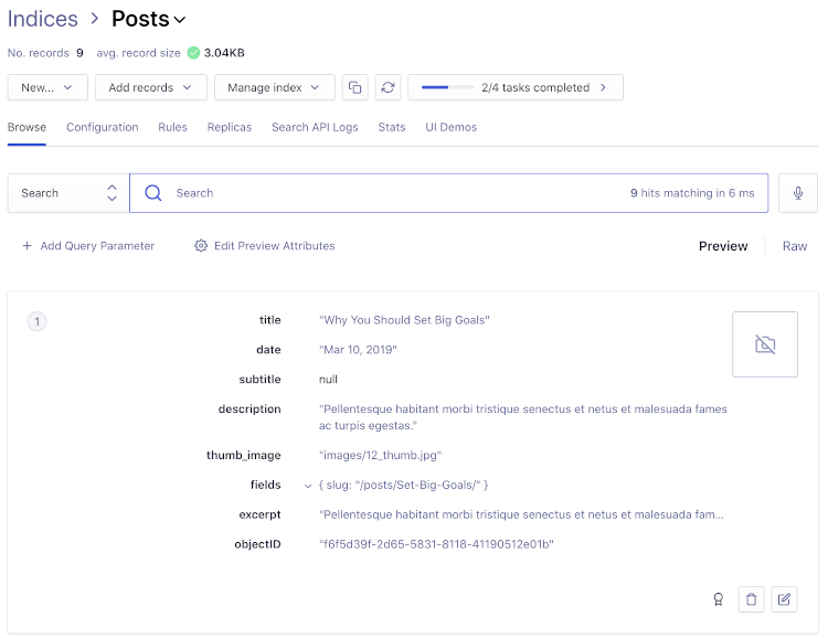 indices populated on Algolia dashboard