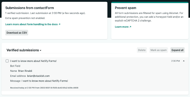 managing forms in the Netlify dashboard