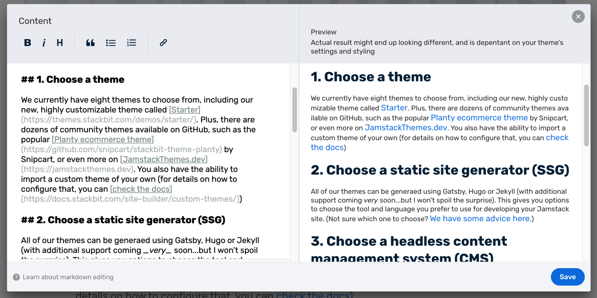 Example of long form content editing in Markdown, with preview on the right