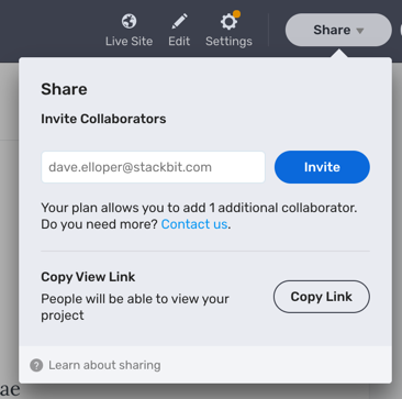 Share dropdown option to invite others to collaborate within Stackbit Studio