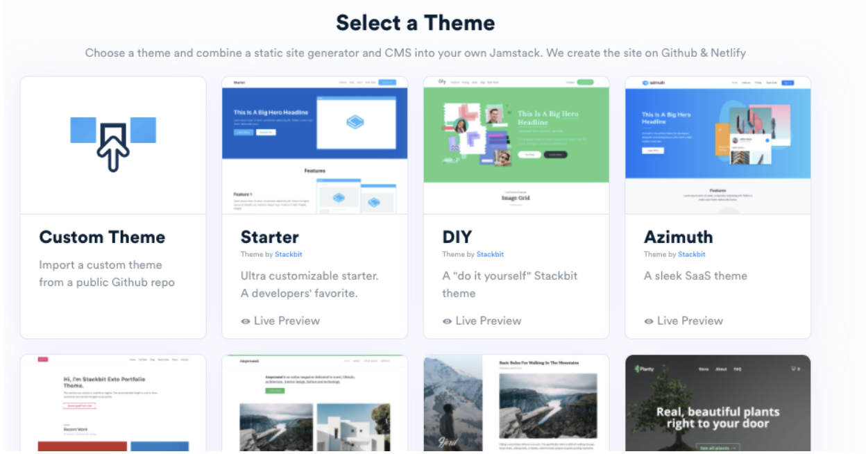 Stackbit Site Builder Theme selection menu