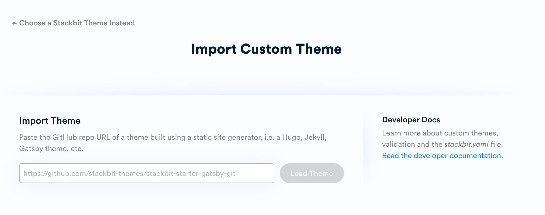 Stackbit Site Builder Import Custom Theme Import menu