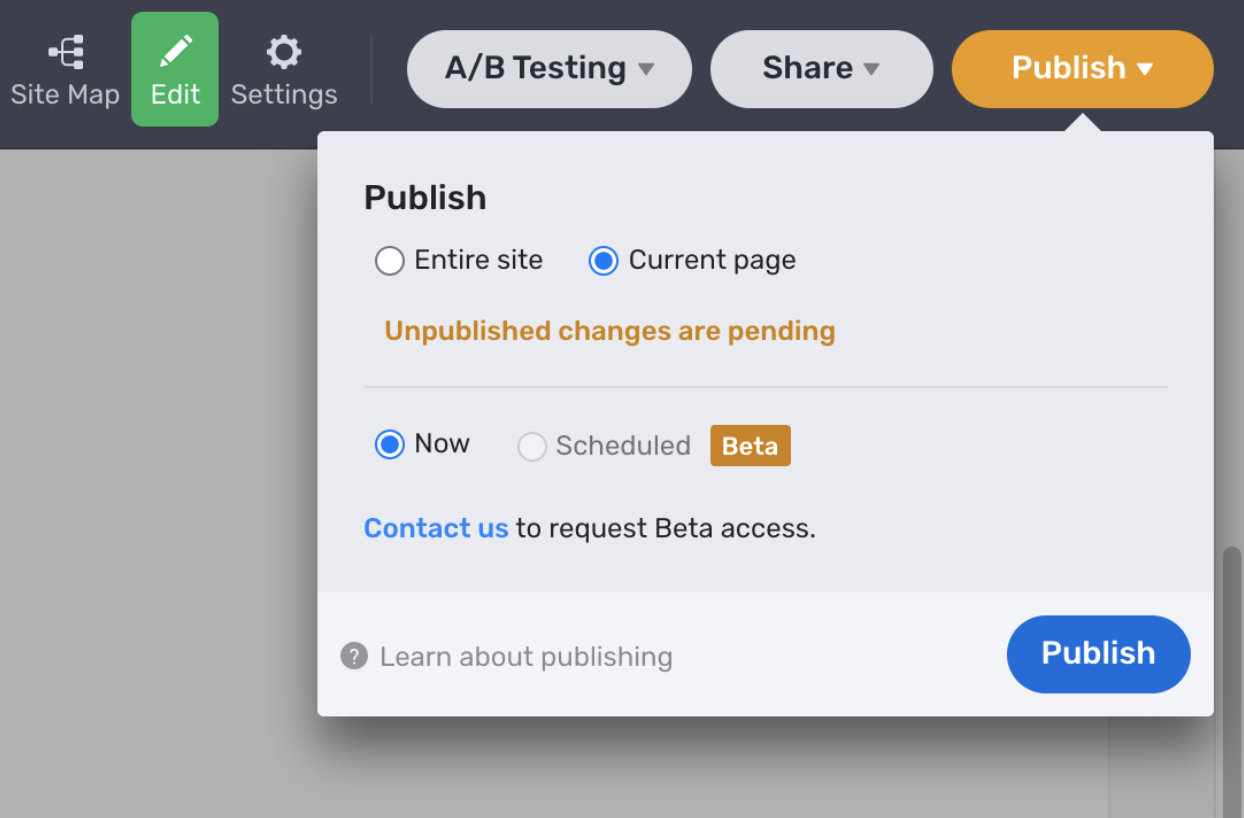 Stackbit Studio Publish Menu open with Current page selected